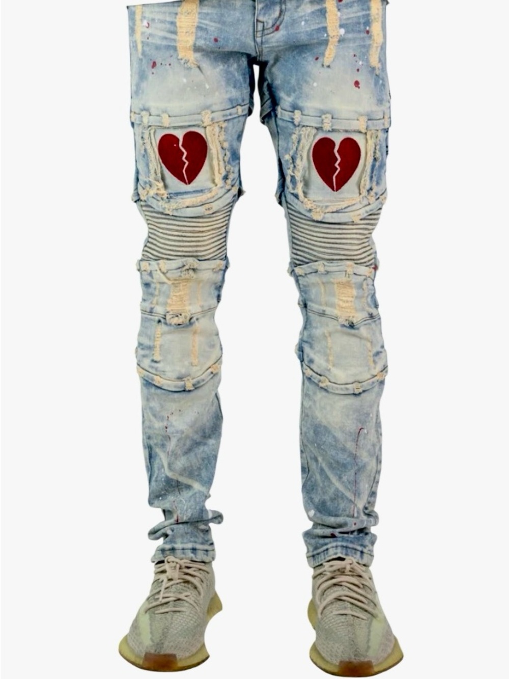 Focus Jeans Broken Heart Distressed Moto Jeans in Blue/Red Men’s 32/32